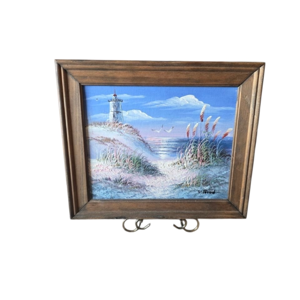 Framed Lighthouse Coastal Landscape  Painting Sand Dunes Sea Gulls Signed